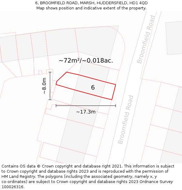 6, BROOMFIELD ROAD, MARSH, HUDDERSFIELD, HD1 4QD: Plot and title map