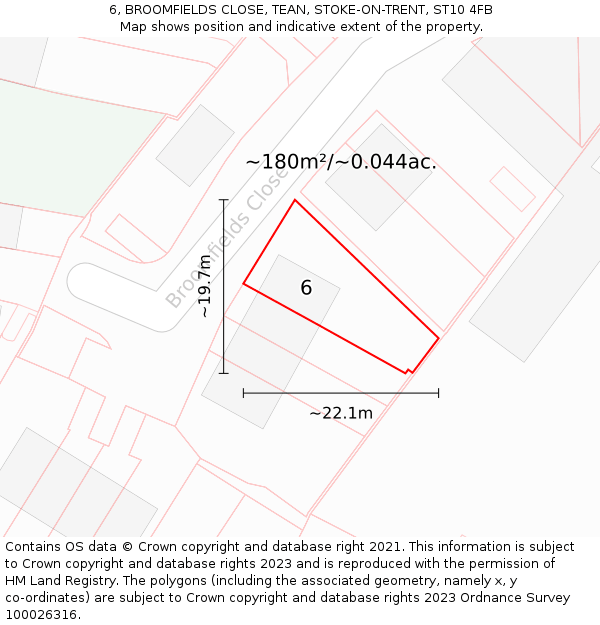 6, BROOMFIELDS CLOSE, TEAN, STOKE-ON-TRENT, ST10 4FB: Plot and title map
