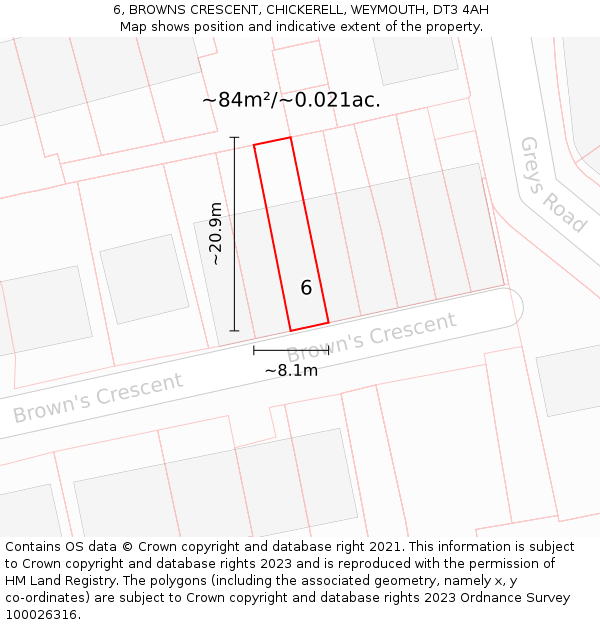 6, BROWNS CRESCENT, CHICKERELL, WEYMOUTH, DT3 4AH: Plot and title map