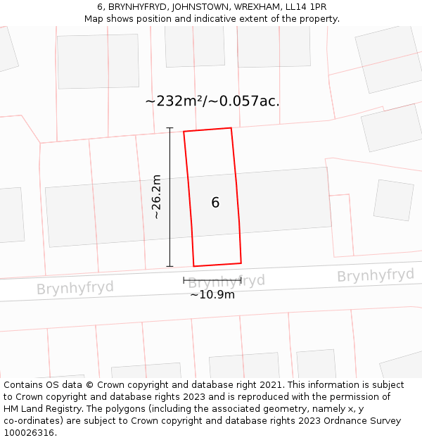 6, BRYNHYFRYD, JOHNSTOWN, WREXHAM, LL14 1PR: Plot and title map