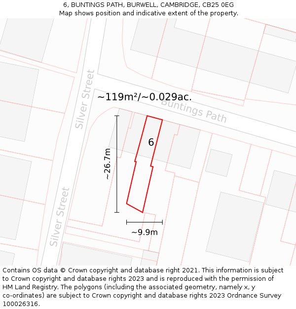 6, BUNTINGS PATH, BURWELL, CAMBRIDGE, CB25 0EG: Plot and title map