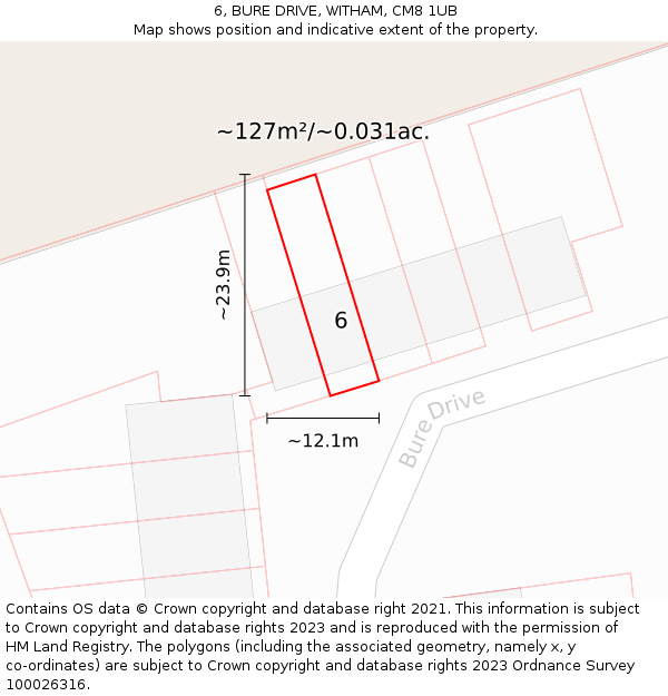 6, BURE DRIVE, WITHAM, CM8 1UB: Plot and title map