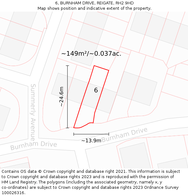 6, BURNHAM DRIVE, REIGATE, RH2 9HD: Plot and title map