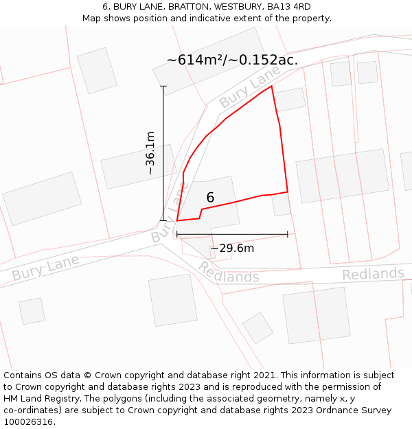 6, BURY LANE, BRATTON, WESTBURY, BA13 4RD: Plot and title map
