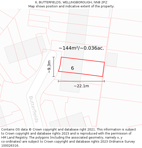6, BUTTERFIELDS, WELLINGBOROUGH, NN8 2PZ: Plot and title map