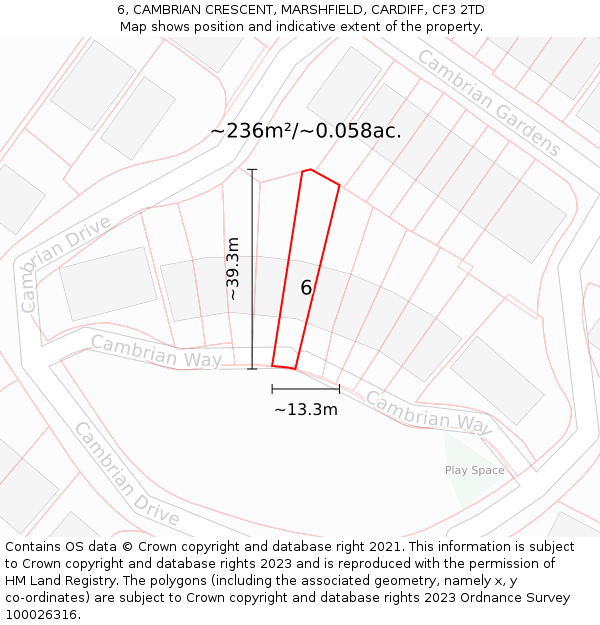6, CAMBRIAN CRESCENT, MARSHFIELD, CARDIFF, CF3 2TD: Plot and title map