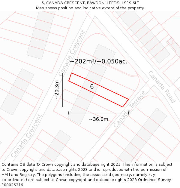 6, CANADA CRESCENT, RAWDON, LEEDS, LS19 6LT: Plot and title map