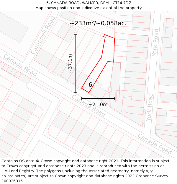 6, CANADA ROAD, WALMER, DEAL, CT14 7DZ: Plot and title map