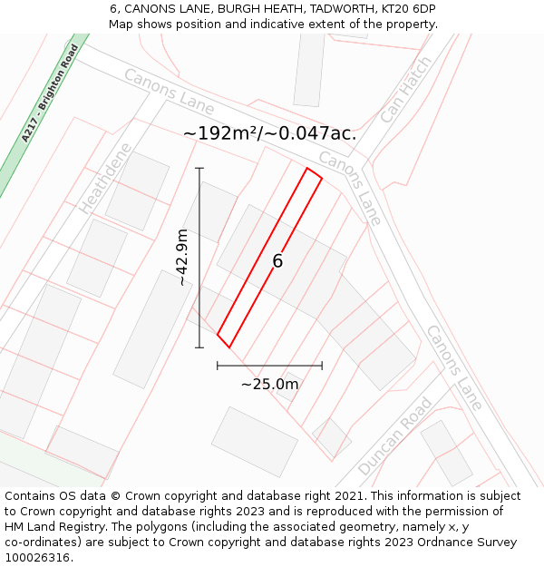 6, CANONS LANE, BURGH HEATH, TADWORTH, KT20 6DP: Plot and title map