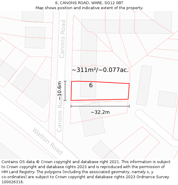 6, CANONS ROAD, WARE, SG12 0BT: Plot and title map