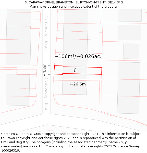 6, CARAWAY DRIVE, BRANSTON, BURTON-ON-TRENT, DE14 3FQ: Plot and title map