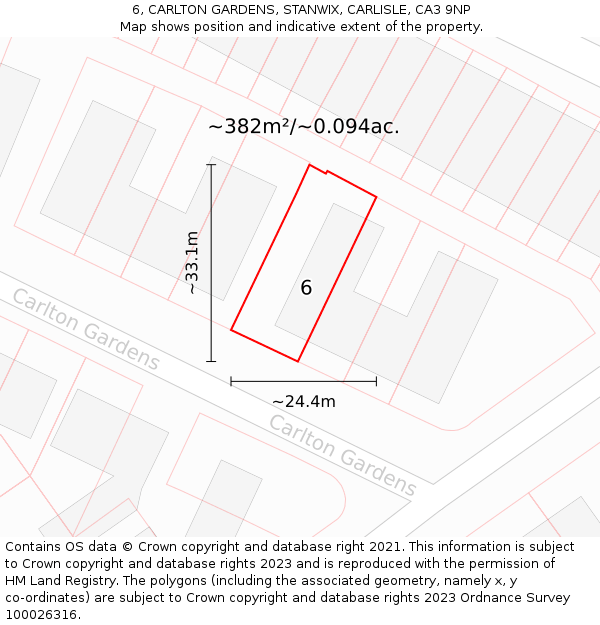6, CARLTON GARDENS, STANWIX, CARLISLE, CA3 9NP: Plot and title map