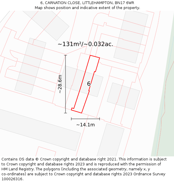 6, CARNATION CLOSE, LITTLEHAMPTON, BN17 6WR: Plot and title map
