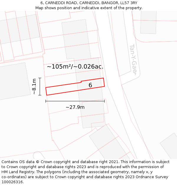 6, CARNEDDI ROAD, CARNEDDI, BANGOR, LL57 3RY: Plot and title map