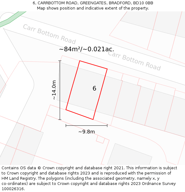 6, CARRBOTTOM ROAD, GREENGATES, BRADFORD, BD10 0BB: Plot and title map