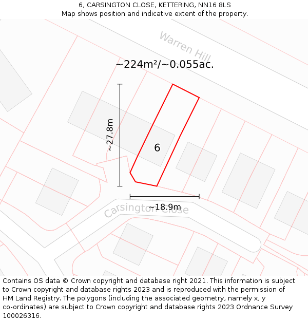 6, CARSINGTON CLOSE, KETTERING, NN16 8LS: Plot and title map