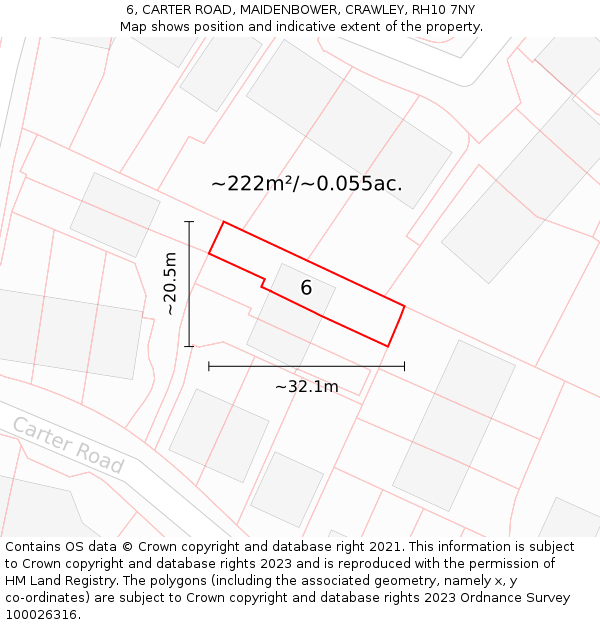 6, CARTER ROAD, MAIDENBOWER, CRAWLEY, RH10 7NY: Plot and title map