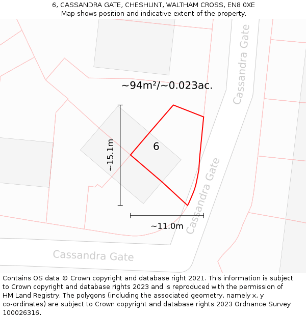 6, CASSANDRA GATE, CHESHUNT, WALTHAM CROSS, EN8 0XE: Plot and title map