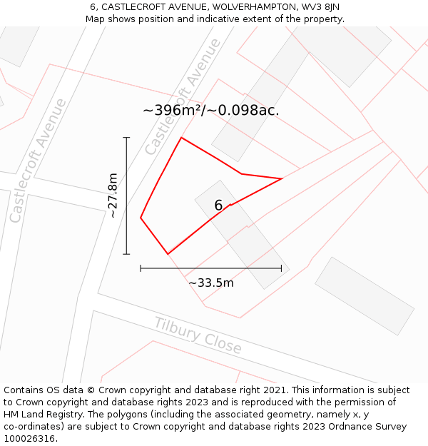 6, CASTLECROFT AVENUE, WOLVERHAMPTON, WV3 8JN: Plot and title map