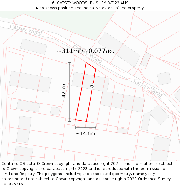 6, CATSEY WOODS, BUSHEY, WD23 4HS: Plot and title map
