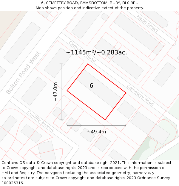 6, CEMETERY ROAD, RAMSBOTTOM, BURY, BL0 9PU: Plot and title map