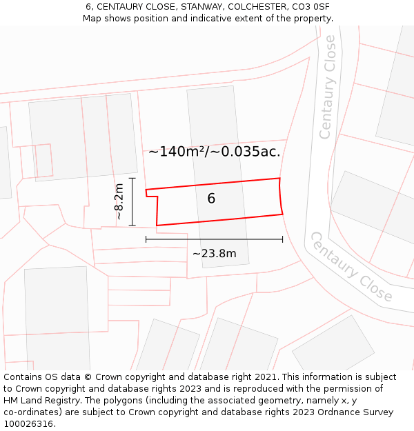 6, CENTAURY CLOSE, STANWAY, COLCHESTER, CO3 0SF: Plot and title map
