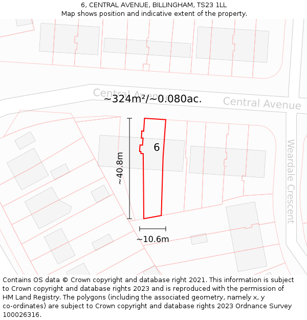 6, CENTRAL AVENUE, BILLINGHAM, TS23 1LL: Plot and title map