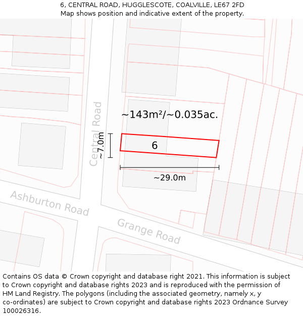 6, CENTRAL ROAD, HUGGLESCOTE, COALVILLE, LE67 2FD: Plot and title map