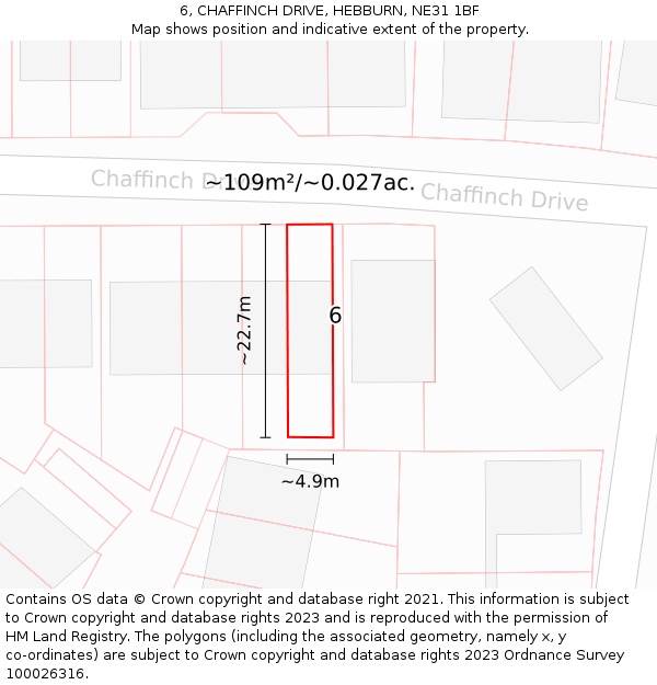 6, CHAFFINCH DRIVE, HEBBURN, NE31 1BF: Plot and title map