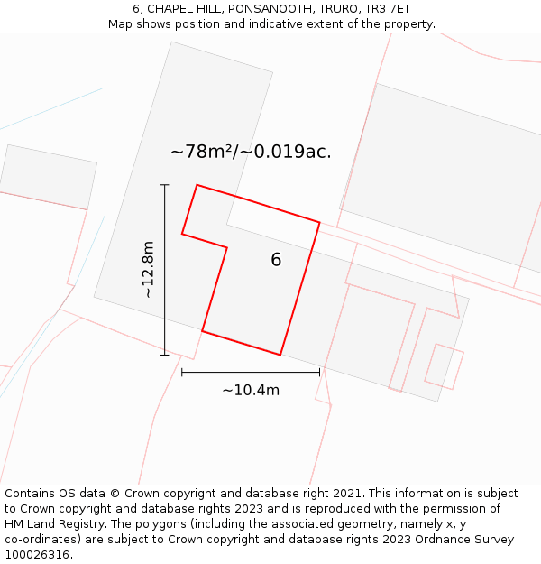 6, CHAPEL HILL, PONSANOOTH, TRURO, TR3 7ET: Plot and title map