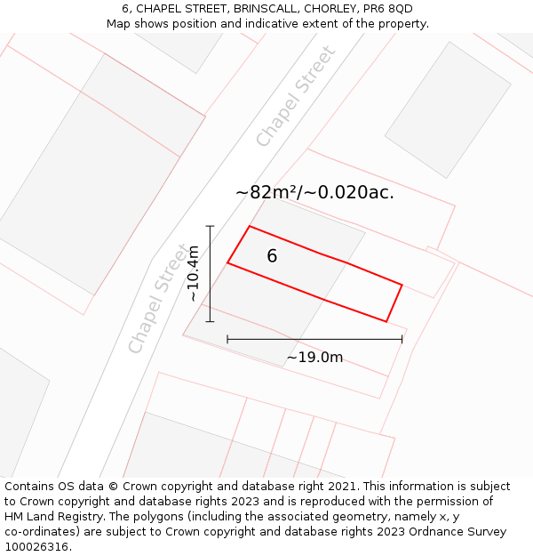 6, CHAPEL STREET, BRINSCALL, CHORLEY, PR6 8QD: Plot and title map