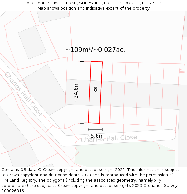 6, CHARLES HALL CLOSE, SHEPSHED, LOUGHBOROUGH, LE12 9UP: Plot and title map