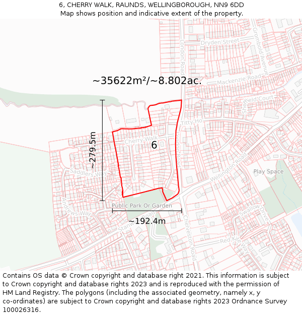 6, CHERRY WALK, RAUNDS, WELLINGBOROUGH, NN9 6DD: Plot and title map