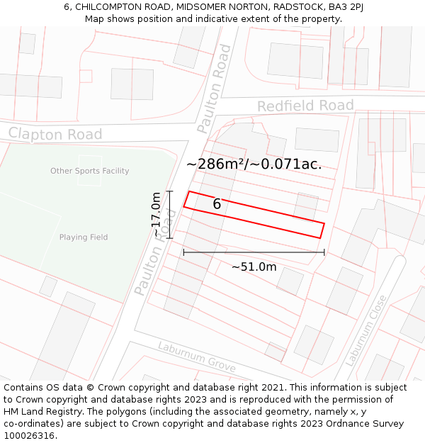 6, CHILCOMPTON ROAD, MIDSOMER NORTON, RADSTOCK, BA3 2PJ: Plot and title map