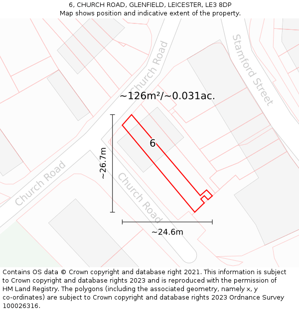 6, CHURCH ROAD, GLENFIELD, LEICESTER, LE3 8DP: Plot and title map