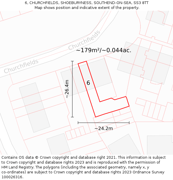 6, CHURCHFIELDS, SHOEBURYNESS, SOUTHEND-ON-SEA, SS3 8TT: Plot and title map