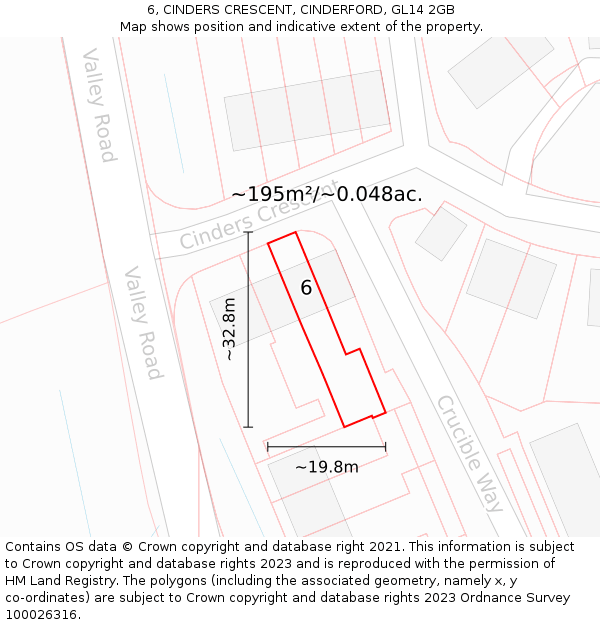 6, CINDERS CRESCENT, CINDERFORD, GL14 2GB: Plot and title map