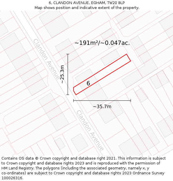 6, CLANDON AVENUE, EGHAM, TW20 8LP: Plot and title map
