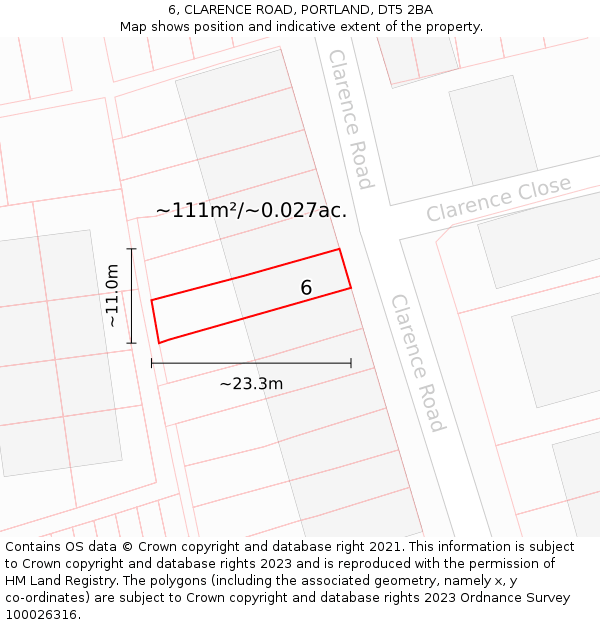 6, CLARENCE ROAD, PORTLAND, DT5 2BA: Plot and title map
