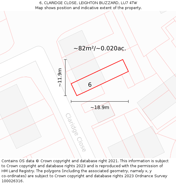 6, CLARIDGE CLOSE, LEIGHTON BUZZARD, LU7 4TW: Plot and title map