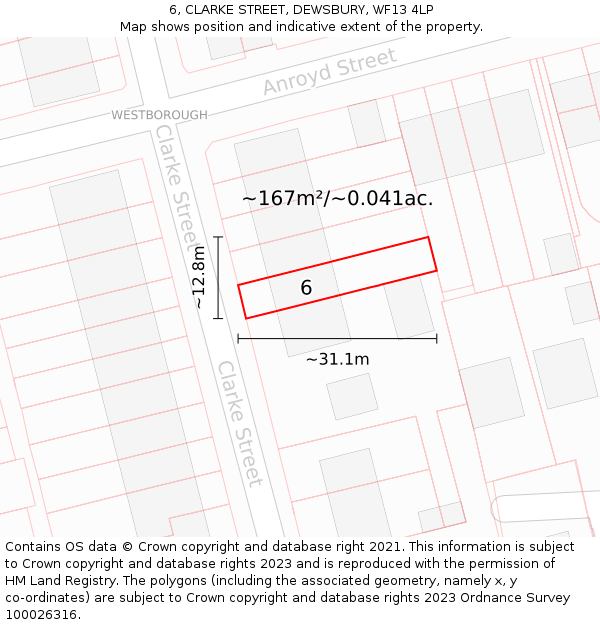 6, CLARKE STREET, DEWSBURY, WF13 4LP: Plot and title map