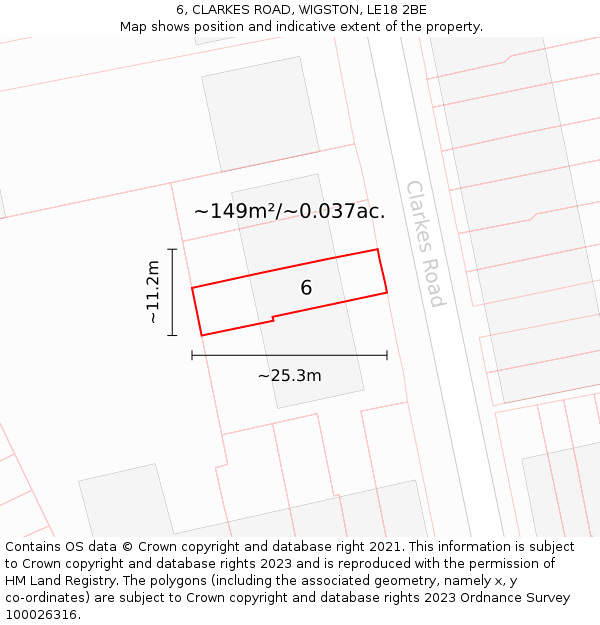 6, CLARKES ROAD, WIGSTON, LE18 2BE: Plot and title map
