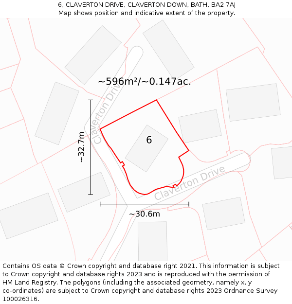 6, CLAVERTON DRIVE, CLAVERTON DOWN, BATH, BA2 7AJ: Plot and title map