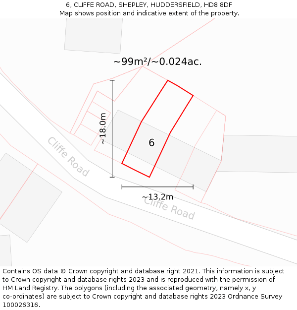 6, CLIFFE ROAD, SHEPLEY, HUDDERSFIELD, HD8 8DF: Plot and title map