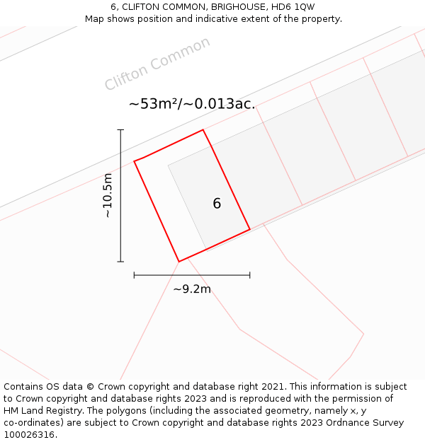 6, CLIFTON COMMON, BRIGHOUSE, HD6 1QW: Plot and title map