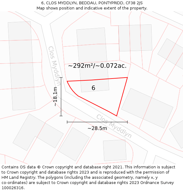 6, CLOS MYDDLYN, BEDDAU, PONTYPRIDD, CF38 2JS: Plot and title map