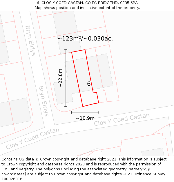 6, CLOS Y COED CASTAN, COITY, BRIDGEND, CF35 6PA: Plot and title map