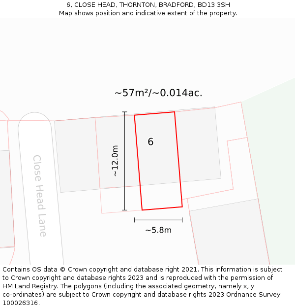 6, CLOSE HEAD, THORNTON, BRADFORD, BD13 3SH: Plot and title map