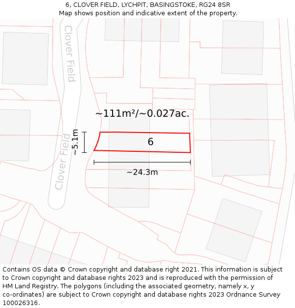6, CLOVER FIELD, LYCHPIT, BASINGSTOKE, RG24 8SR: Plot and title map