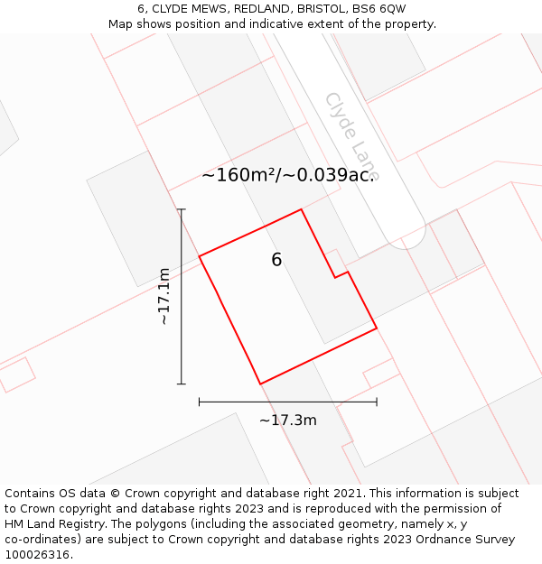 6, CLYDE MEWS, REDLAND, BRISTOL, BS6 6QW: Plot and title map